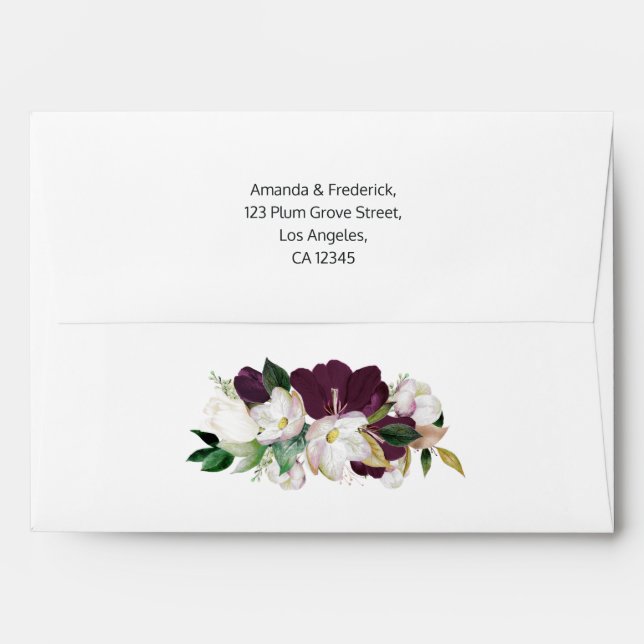 Dark Plum Velvet and White Spring Floral Wedding Envelope (Back (Top Flap))