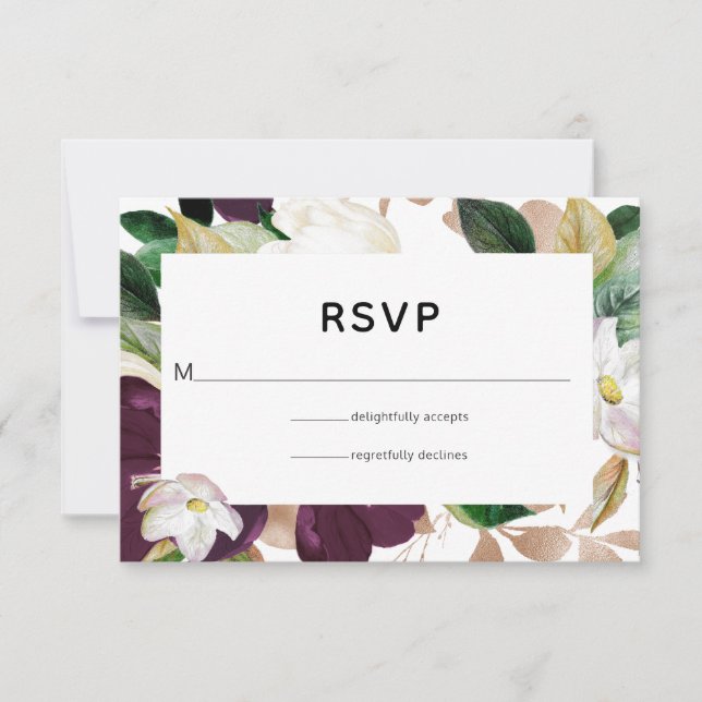 Dark Plum Velvet and White Spring Floral Wedding RSVP Card (Front)