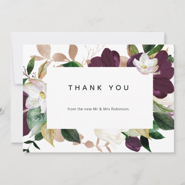 Dark Plum Velvet Floral Wedding Photo Thank You Card (Front)