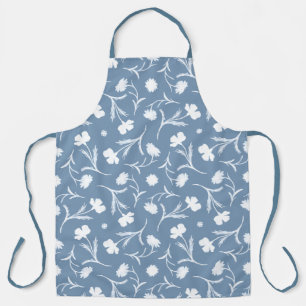 Dark Powder Blue Floral Pattern Elegant White Chic Apron