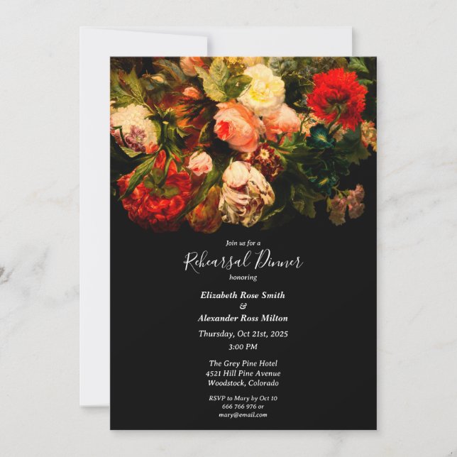 Dark pretty elegant floral Rehearsal dinner Invitation (Front)
