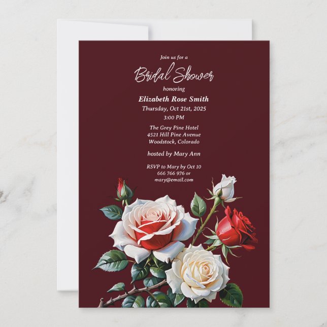 Dark Pretty pink white red roses bridal shower Invitation (Front)