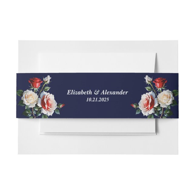 Dark Pretty pink white red roses floral wedding  Invitation Belly Band (Front Example)