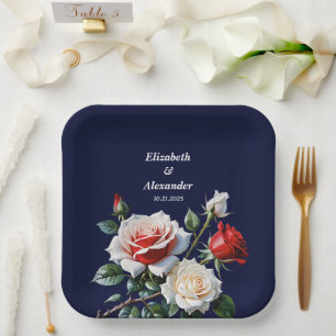 Dark Pretty pink white red roses floral wedding Paper Plate