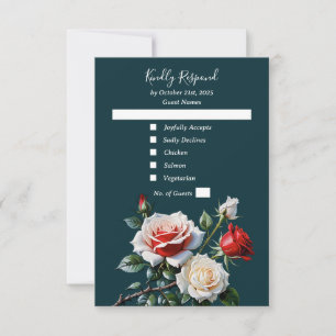 Dark Pretty pink white red roses floral wedding  RSVP Card