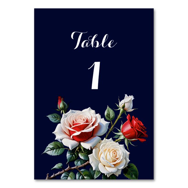 Dark Pretty pink white red roses floral wedding Table Number (Front)