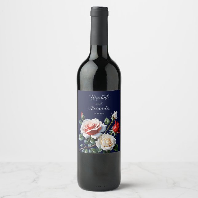 Dark Pretty pink white red roses floral wedding  Wine Label (Front)