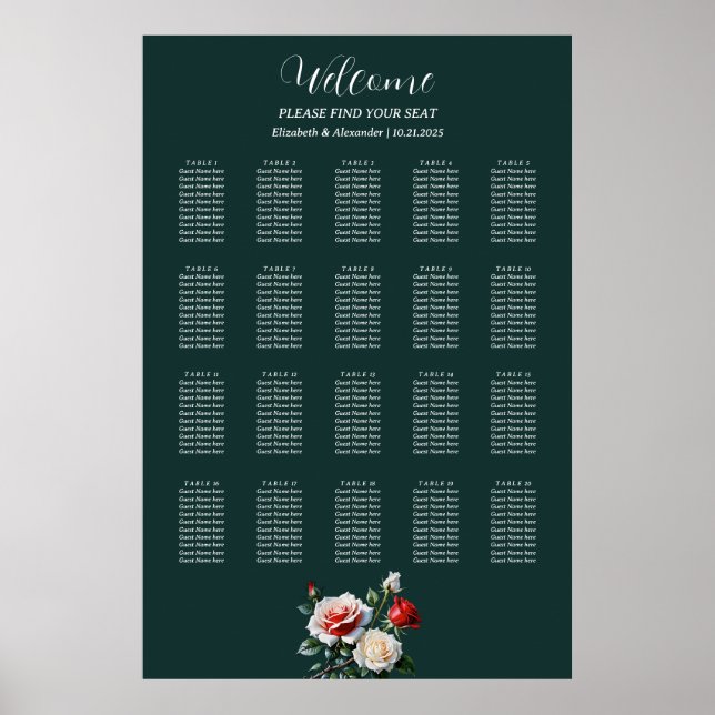 Dark Pretty pink white red roses seating chart (Front)