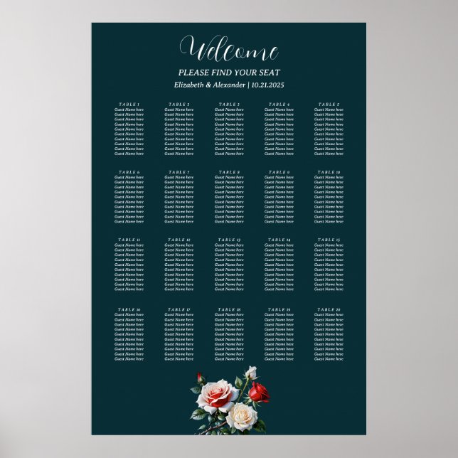 Dark Pretty pink white red roses seating chart (Front)
