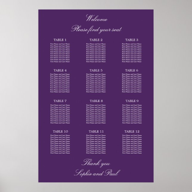 Dark Purple 12 Table Wedding Seating Chart Poster (Front)
