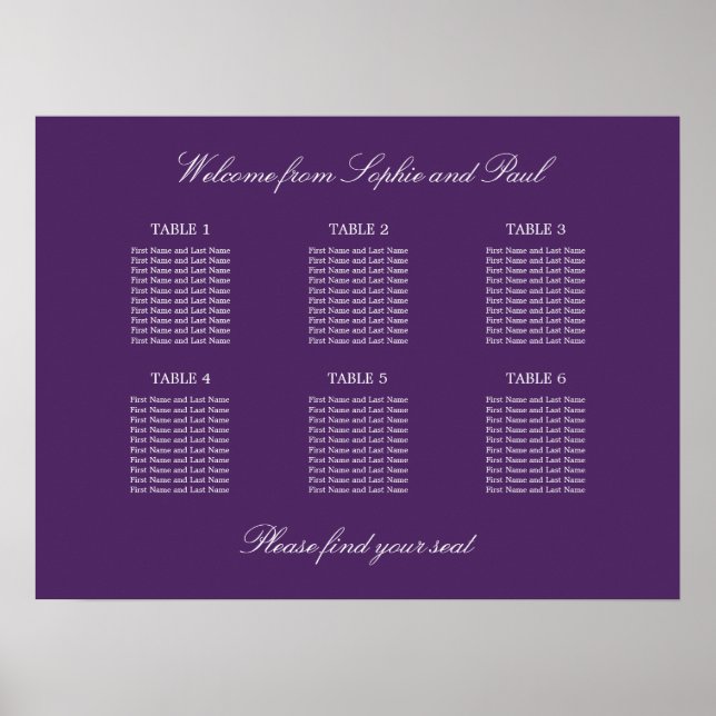 Dark Purple 6 Table Wedding Seating Chart Poster (Front)