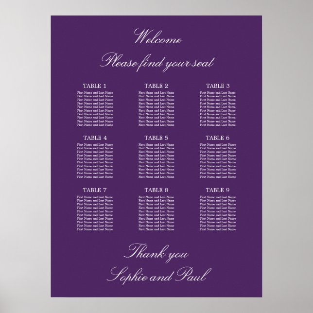 Dark Purple 9 Table Wedding Seating Chart Poster (Front)
