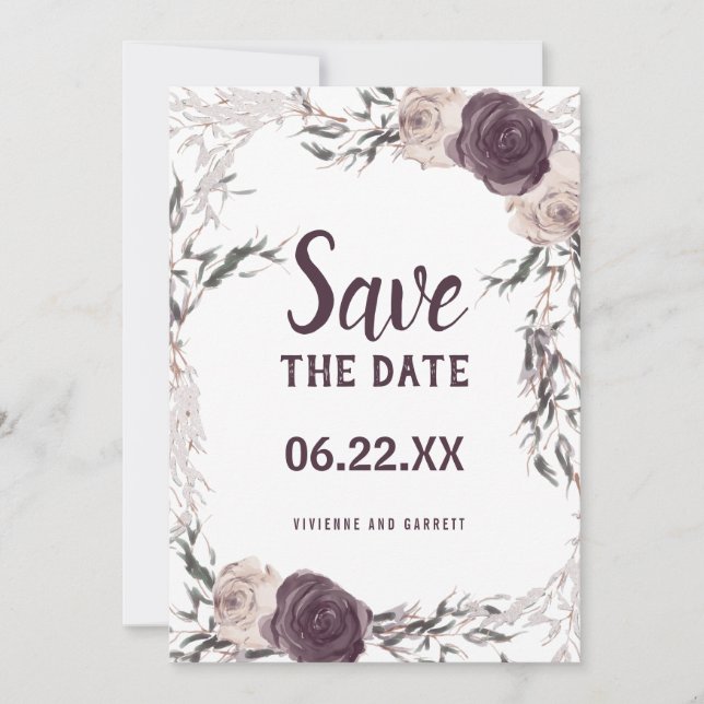 Dark Purple and Blush Pink Floral Wedding Save The Date (Front)