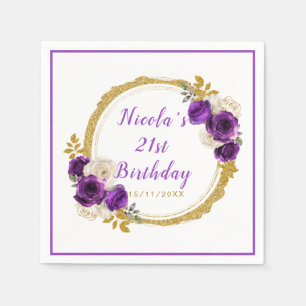 Dark Purple and Gold Elegant Flower Birthday Party Napkin