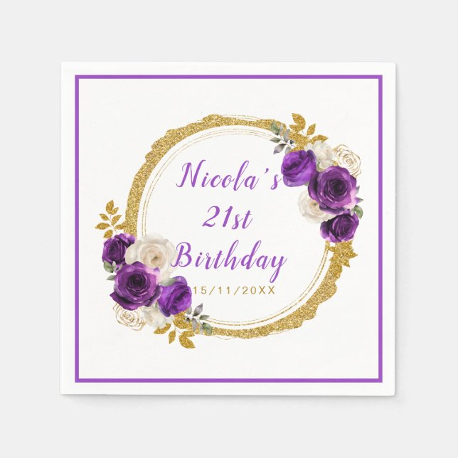 Dark Purple and Gold Elegant Flower Birthday Party Napkin (Front)