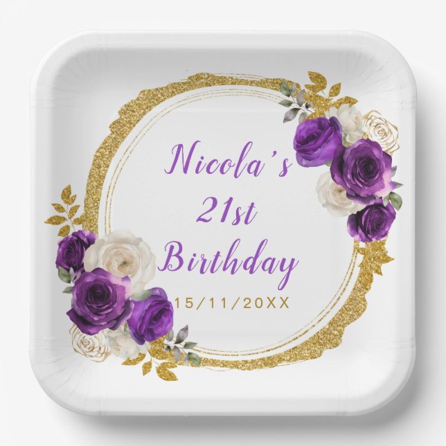 Dark Purple and Gold Elegant Flower Birthday Party Paper Plate (Front)