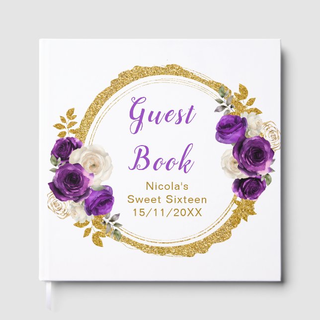 Dark Purple and Gold Elegant Flower Sweet Sixteen Guest Book (Front)