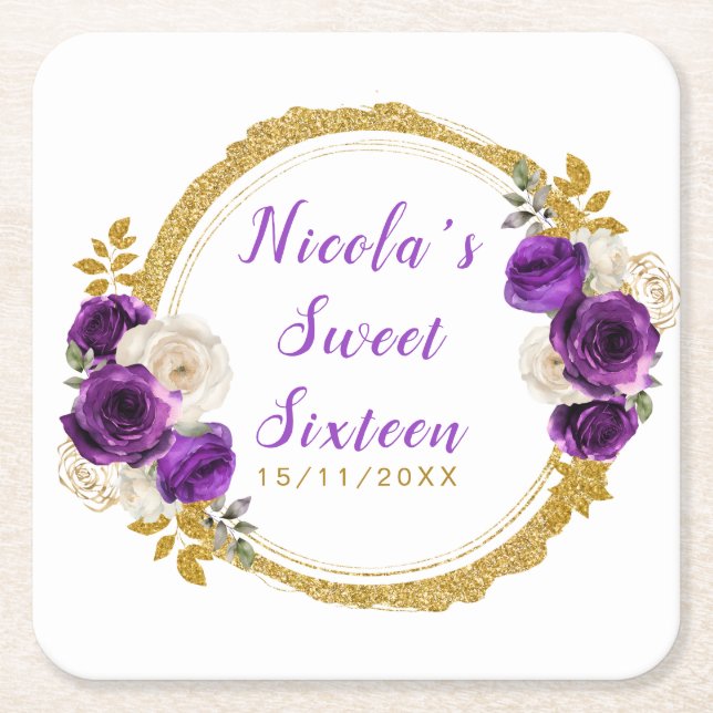Dark Purple and Gold Elegant Flower Sweet Sixteen Square Paper Coaster (Front)