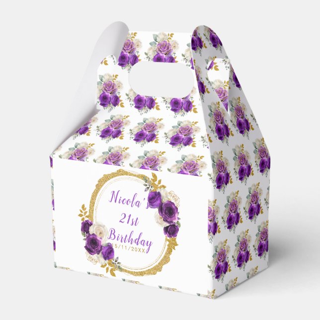Dark Purple and Gold Elegant Flowers Birthday Favour Box (Front Side)