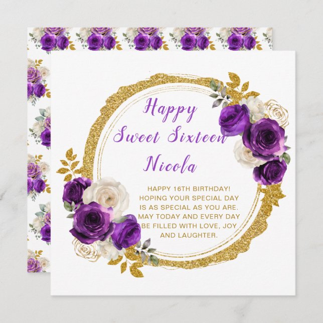 Dark Purple and Gold Elegant Flowers Sweet Sixteen Card (Front/Back)