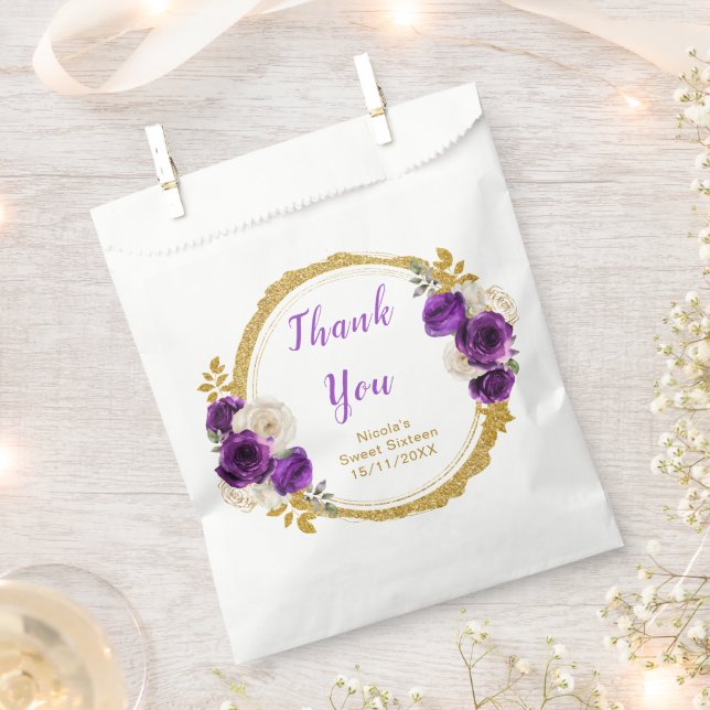 Dark Purple and Gold Elegant Flowers Sweet Sixteen Favour Bag (Clipped)