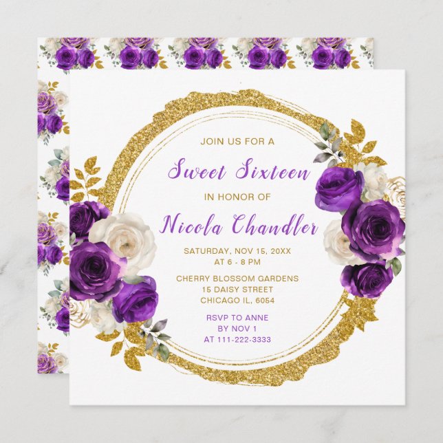 Dark Purple and Gold Elegant Flowers Sweet Sixteen Invitation (Front/Back)