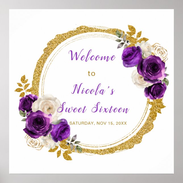 Dark Purple and Gold Elegant Flowers Sweet Sixteen Poster (Front)