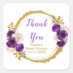 Dark Purple and Gold Elegant Flowers Sweet Sixteen Square Sticker