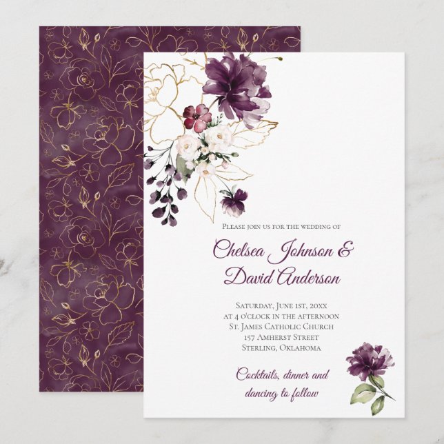Dark Purple and Gold Floral Winter Wedding Invitation (Front/Back)