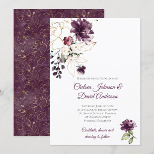 Dark Purple and Gold Floral Winter Wedding Invitation