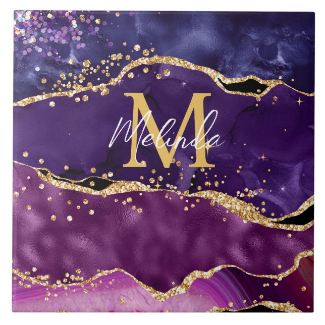 Dark Purple and Gold Glitter Sequins Agate Ceramic Tile (Front)