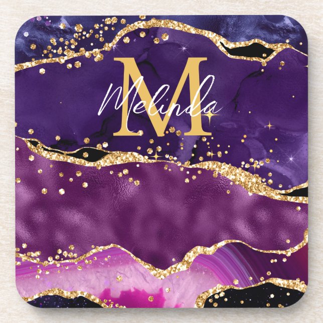 Dark Purple and Gold Glitter Sequins Agate Coaster (Front)