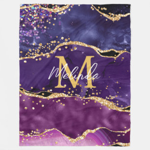 Dark Purple and Gold Glitter Sequins Agate Fleece Blanket