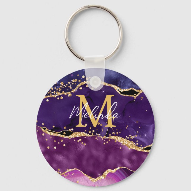 Dark Purple and Gold Glitter Sequins Agate Key Ring (Front)