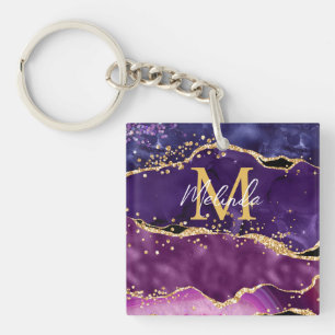 Dark Purple and Gold Glitter Sequins Agate Key Ring