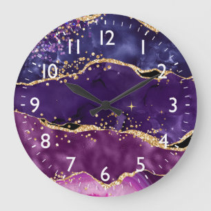 Dark Purple and Gold Glitter Sequins Agate Large Clock