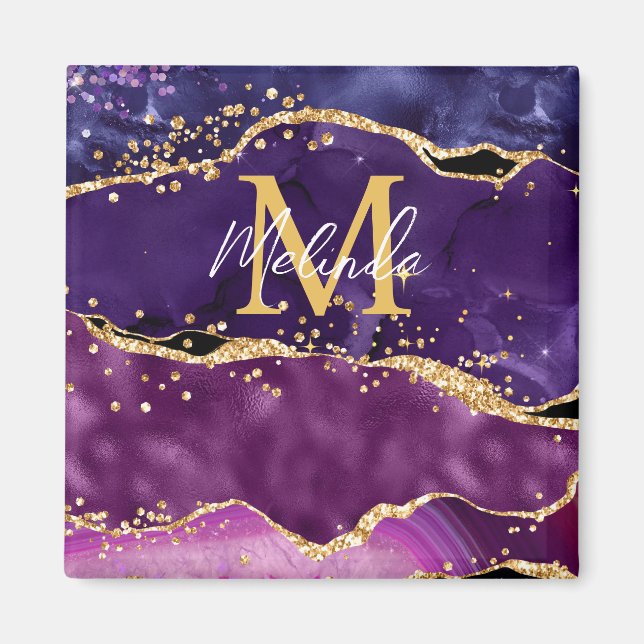 Dark Purple and Gold Glitter Sequins Agate Magnet (Front)