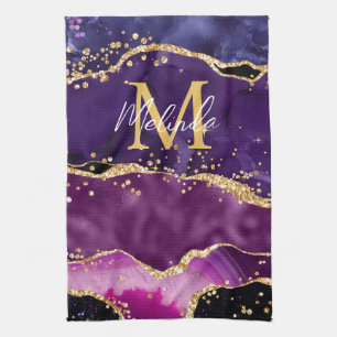 Dark Purple and Gold Glitter Sequins Agate Tea Towel