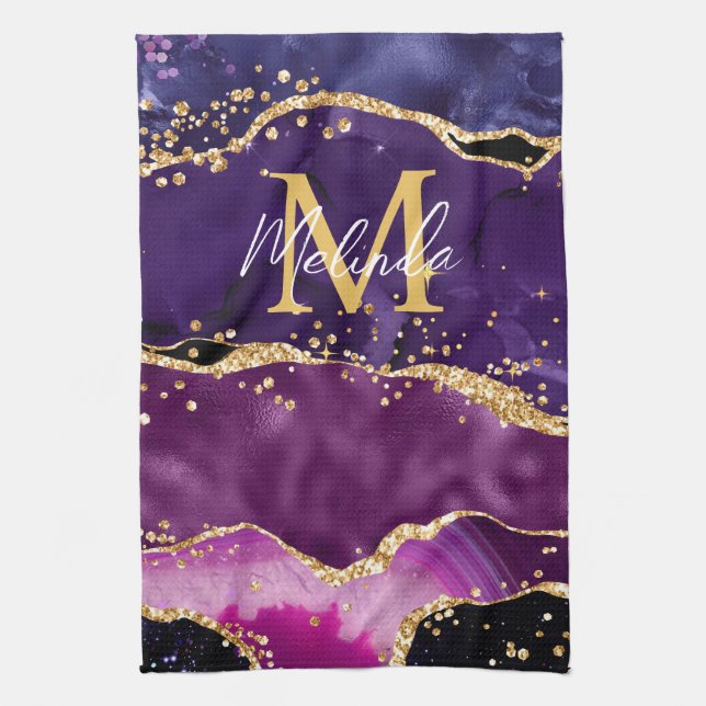 Dark Purple and Gold Glitter Sequins Agate Tea Towel (Vertical)