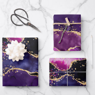 Dark Purple and Gold Glitter Sequins Agate Wrapping Paper Sheet