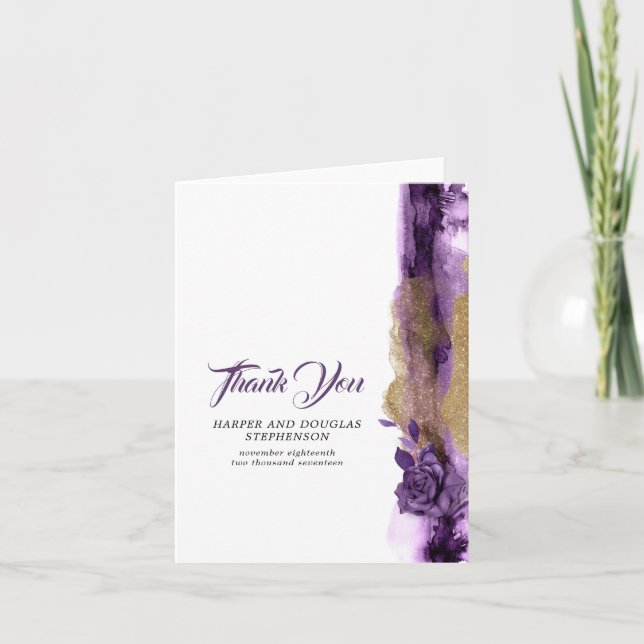 Dark Purple and Gold Glitter Wedding Thank You Card (Front)