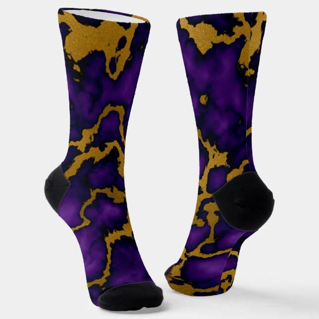 Dark Purple and Gold Marble Texture Design Socks (Angled)