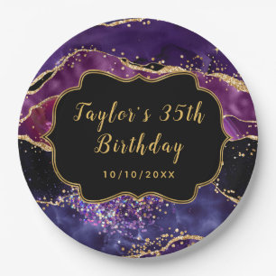 Dark Purple and Gold Sequins Agate Birthday Paper Plate