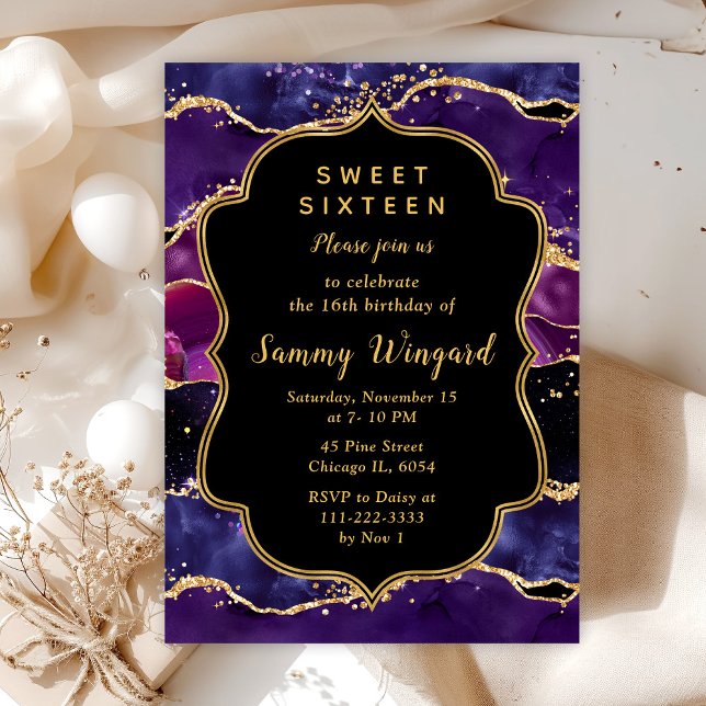 Dark Purple and Gold Sequins Agate Sweet Sixteen Invitation (Creator Uploaded)