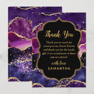 Dark Purple and Gold Sequins Agate Sweet Sixteen Thank You Card