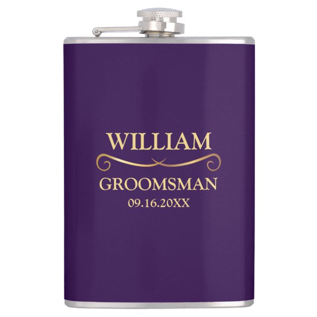 Dark Purple and Gold Vinyl Wrapped Hip Flask (Front)