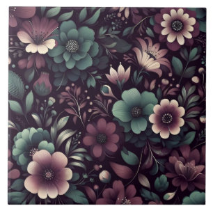 Dark Purple and Green Flowers Pattern Ceramic Tile