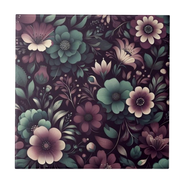 Dark Purple and Green Flowers Pattern Ceramic Tile (Front)