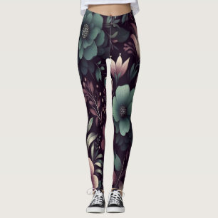 Dark Purple and Green Flowers Pattern Leggings