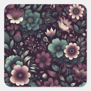 Dark Purple and Green Flowers Pattern Square Sticker
